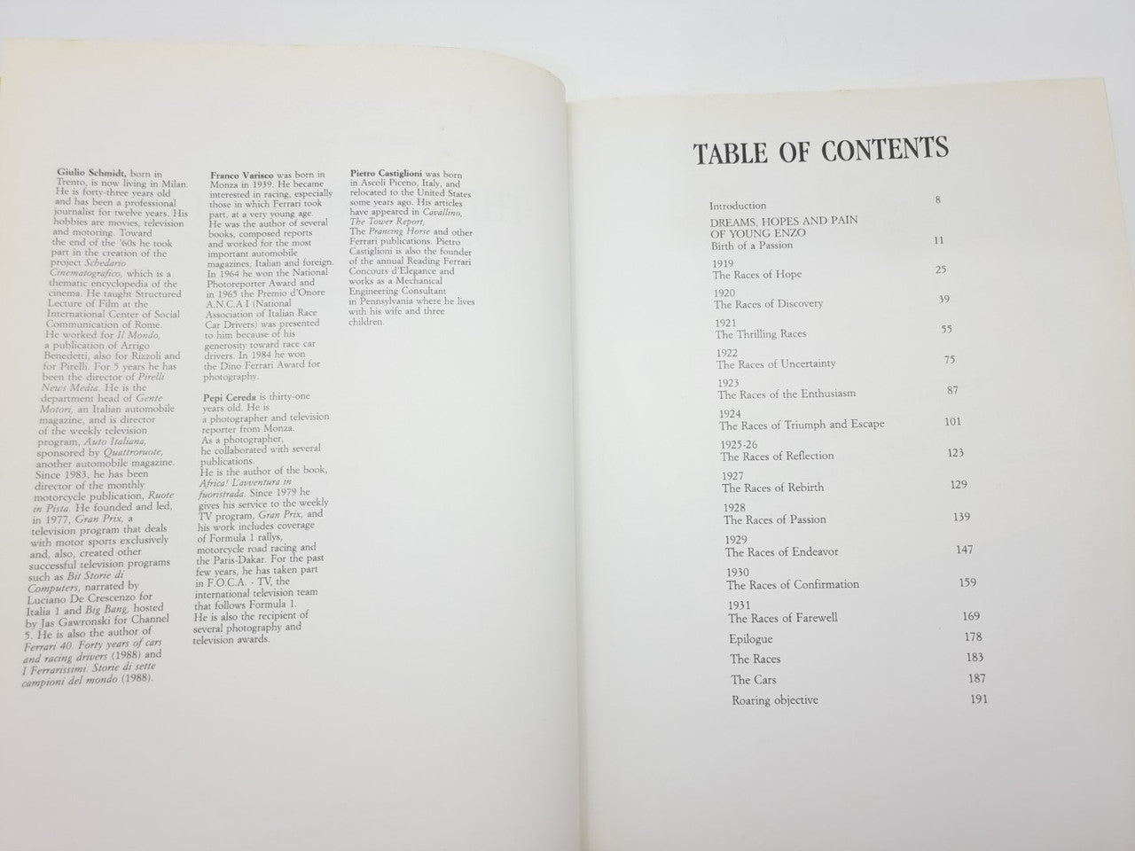Open hardcover book showing table of contents list on the right page
