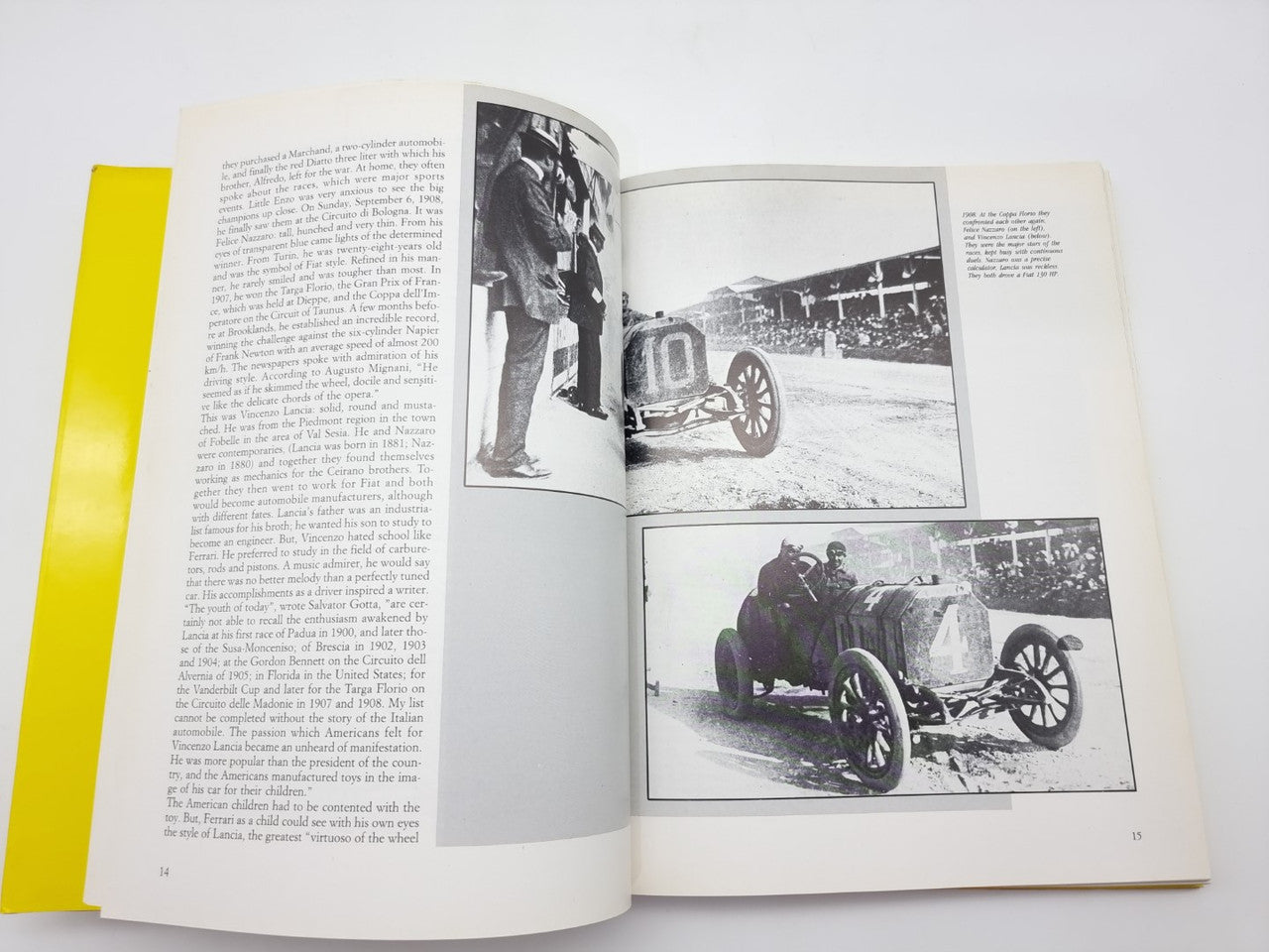 Open hardcover book with black-and-white photos and paragraph text on both pages