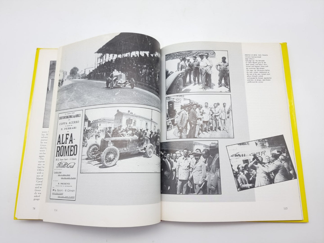 Open hardcover book with black-and-white photo spreads and caption text