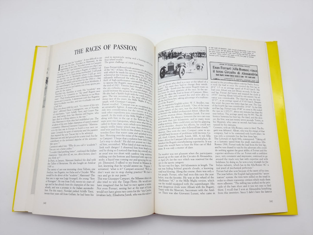 Open race history book with “THE RACES OF PASSION” headline and black-and-white photos