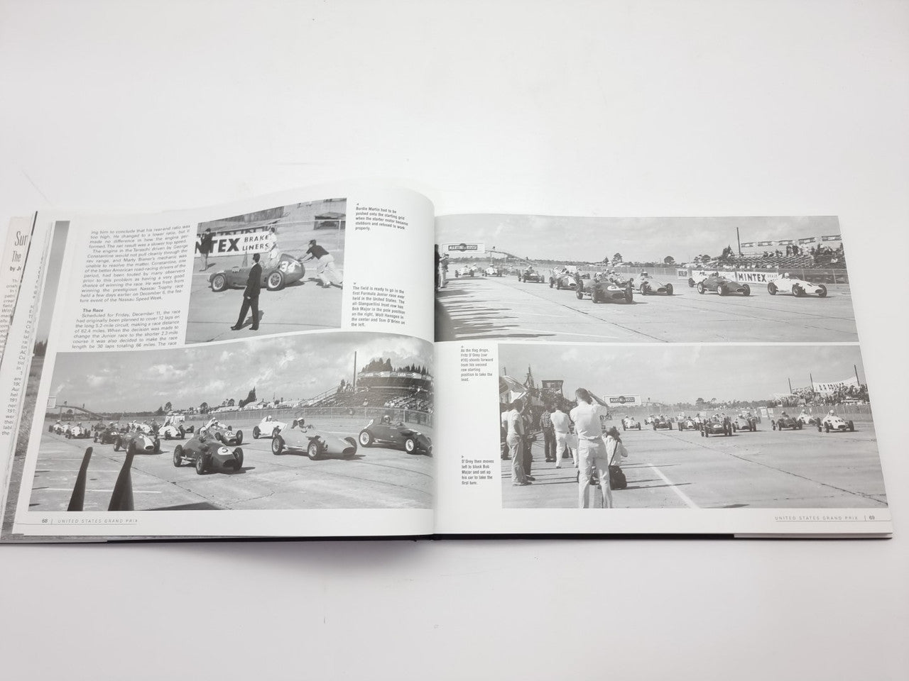 Open racing book spread with multiple track photos and captions