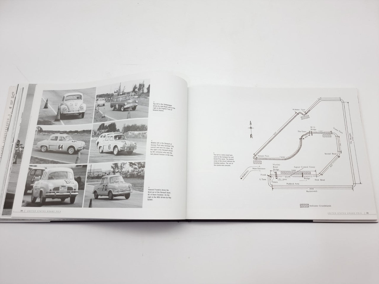 Open racing book spread with photo collage and schematic diagram