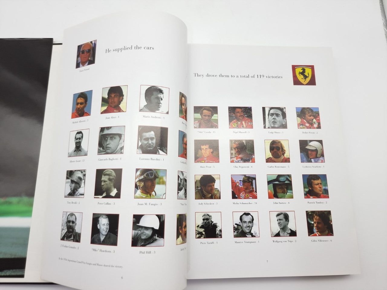Ferrari F1 victories book, open spread with grid of headshots and small logo