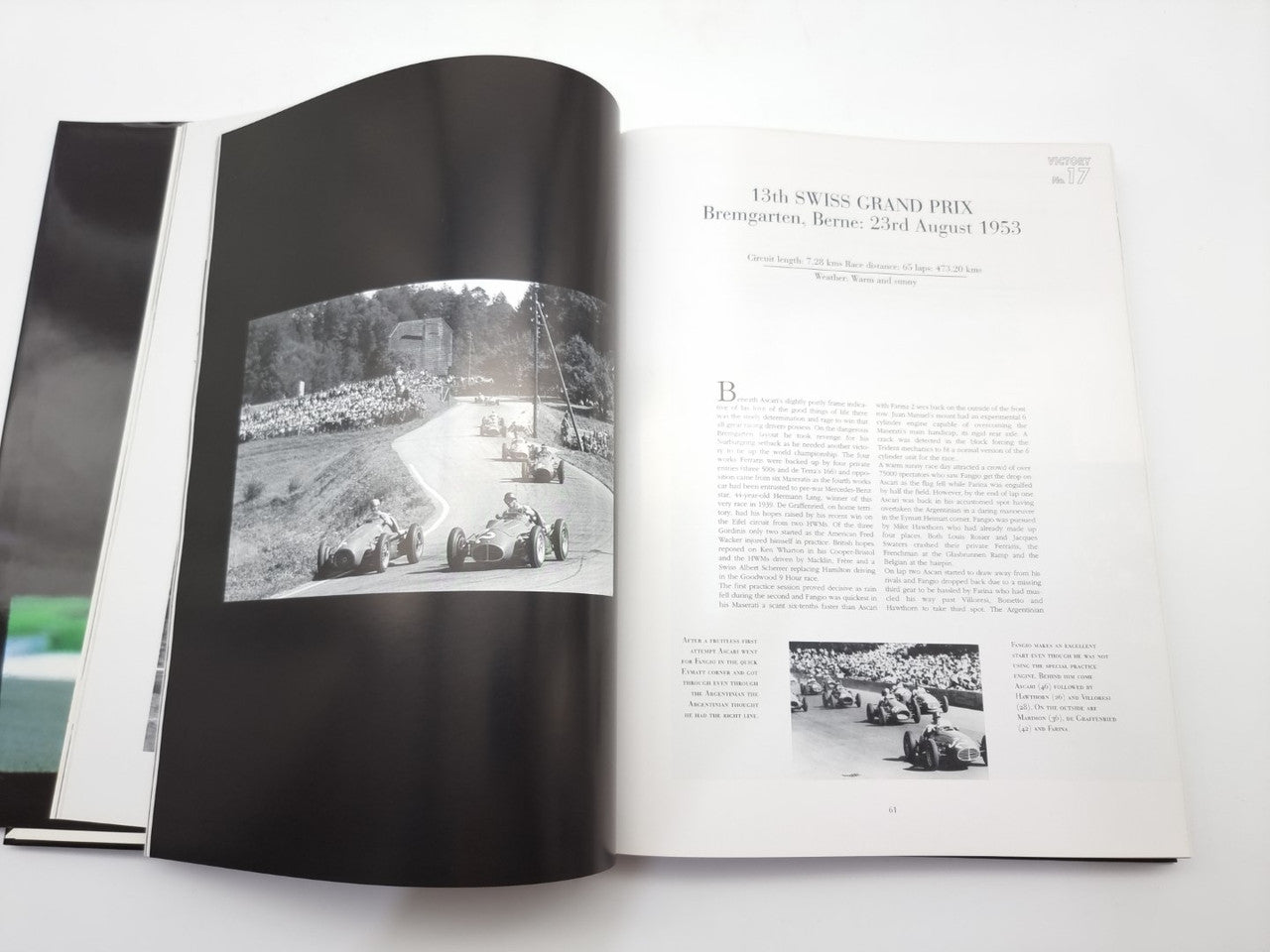 Open motorsport book with dark page spread and black-and-white race action photos