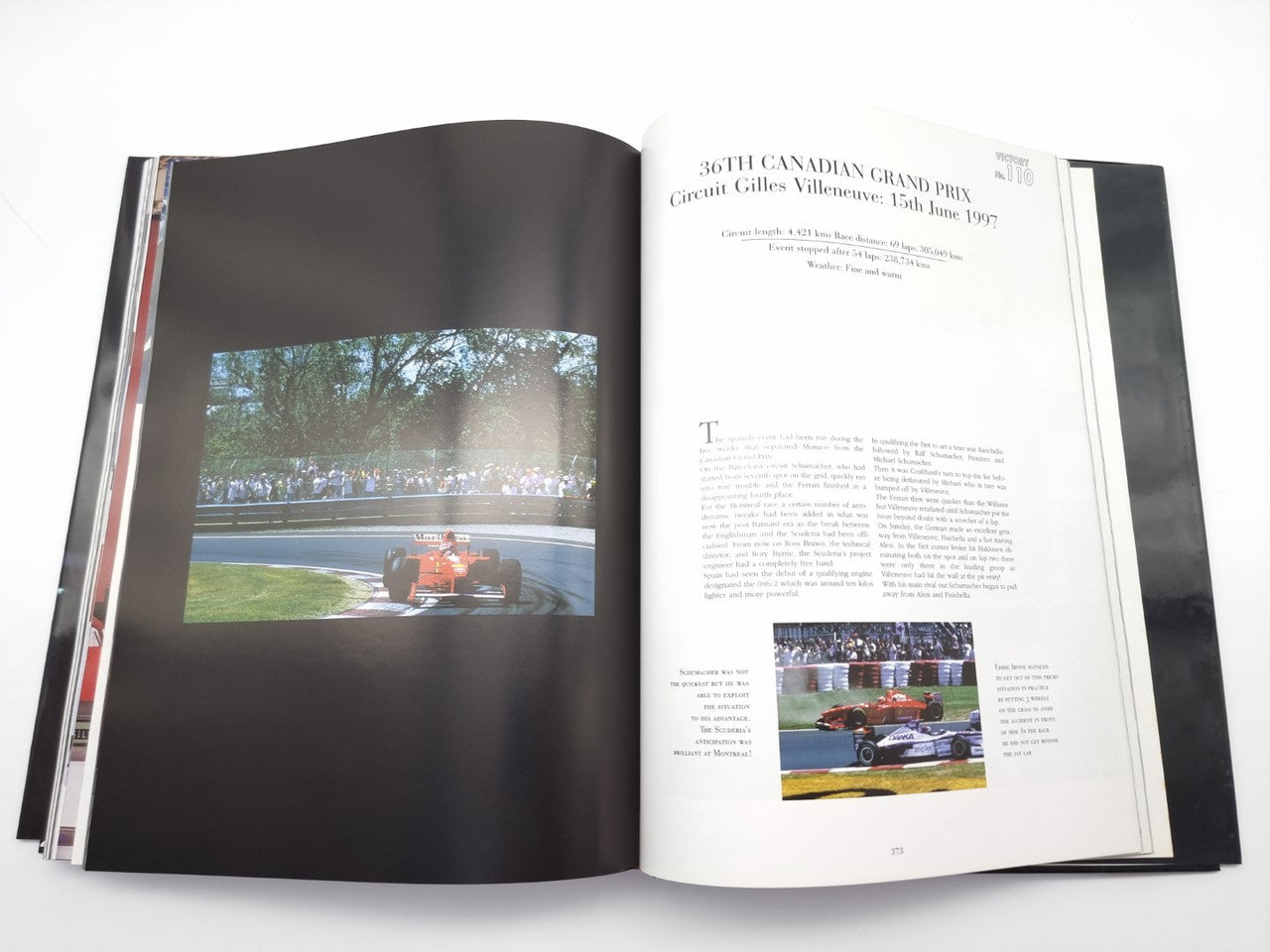 Ferrari F1 victories book, open spread with race photo left and text right