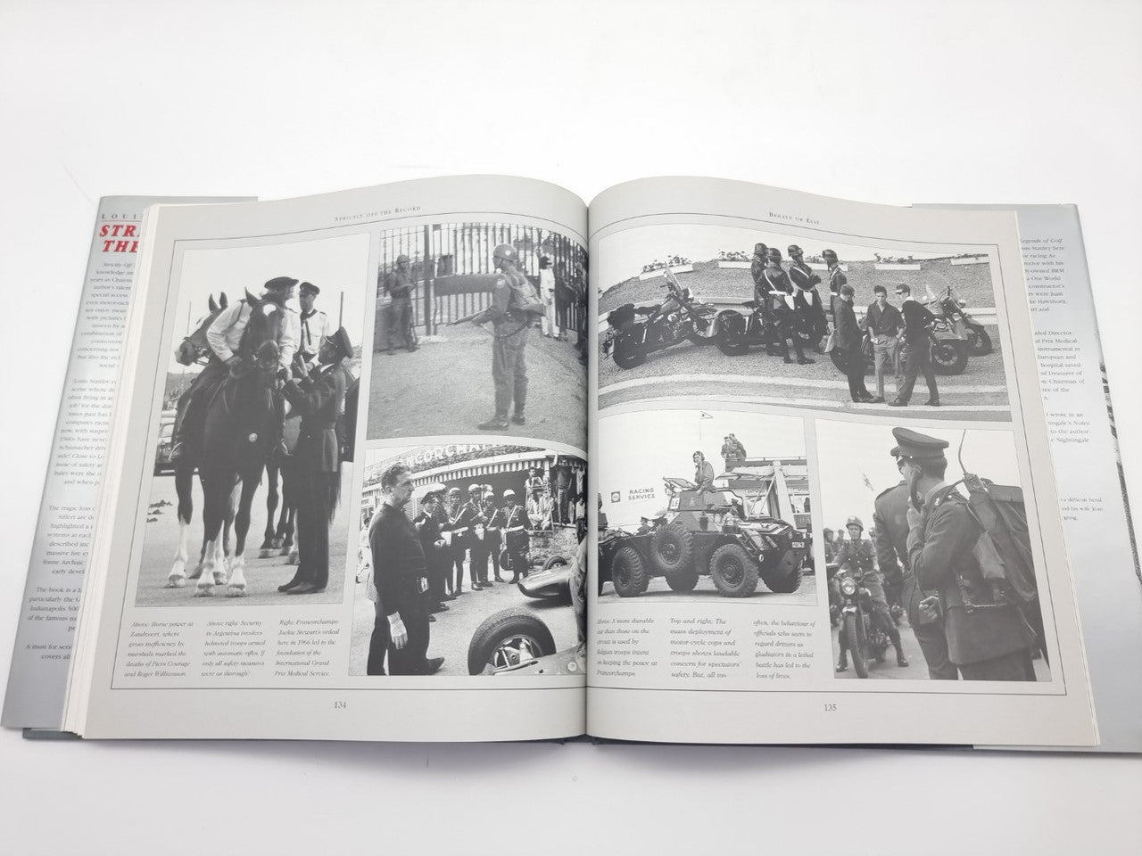 Open book spread with multiple black-and-white racing photos and captions