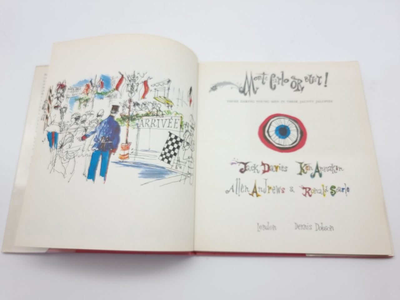 Open vintage illustrated book with colorful sketches on left and title text on right.