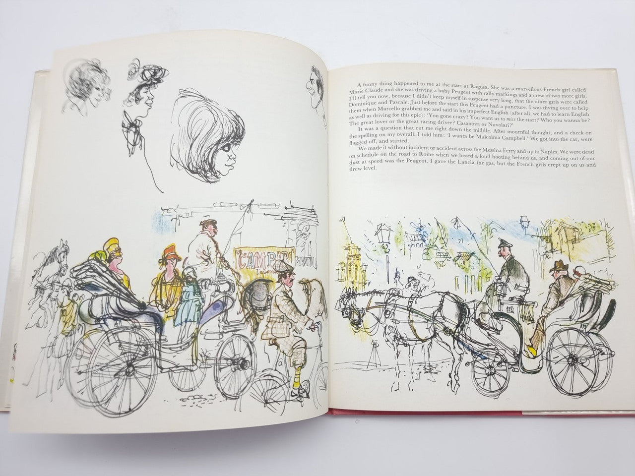 Open vintage book with pencil drawings of people and bicycles across both pages.