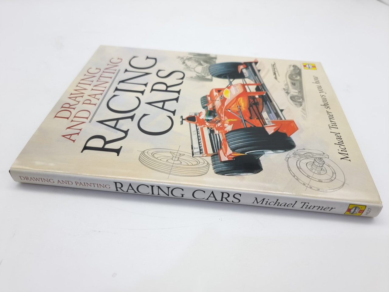 Racing cars drawing and painting book top view with front cover and orange race car artwork