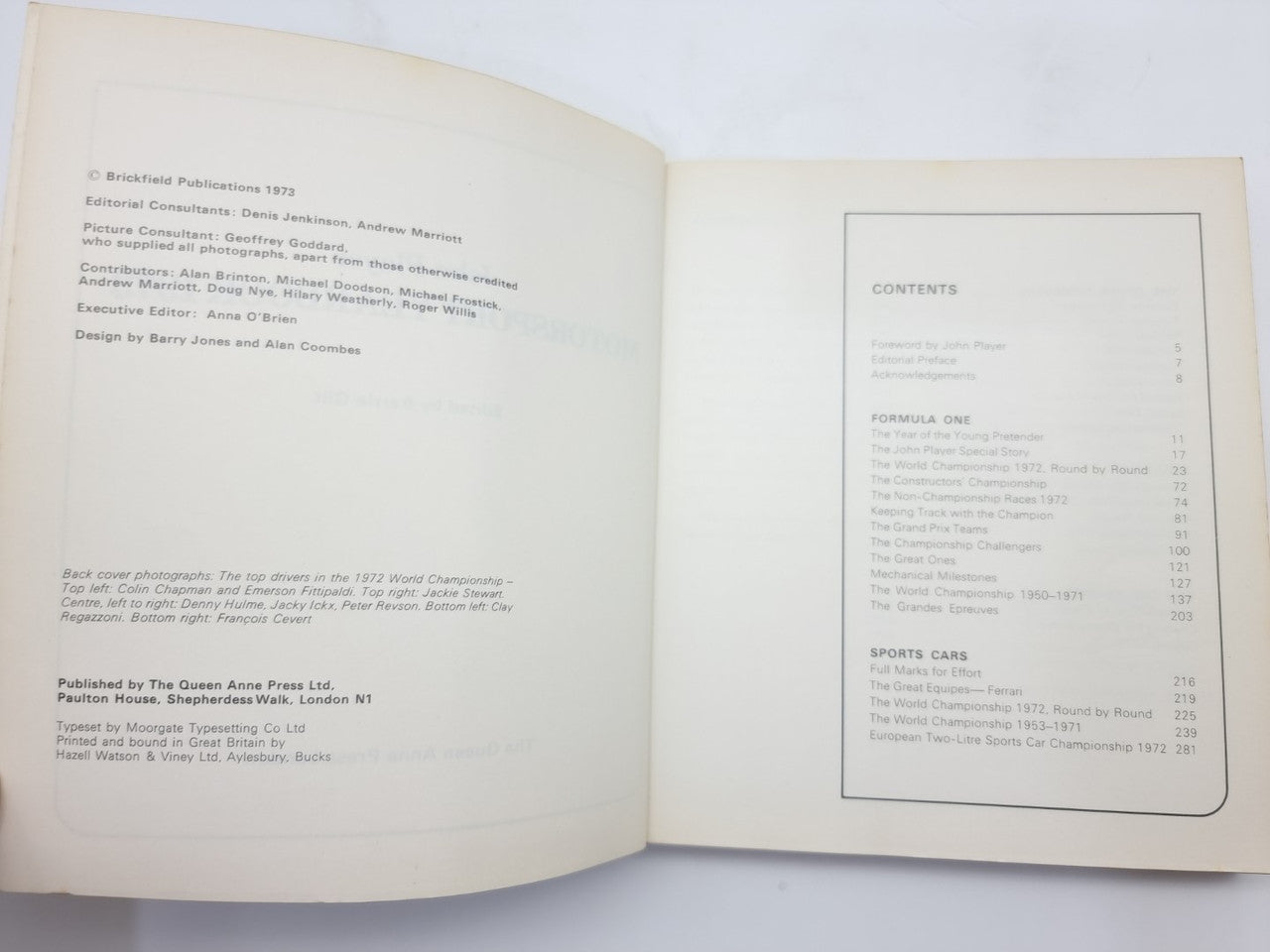 1973 motorsport yearbook open to contents page with boxed section list.