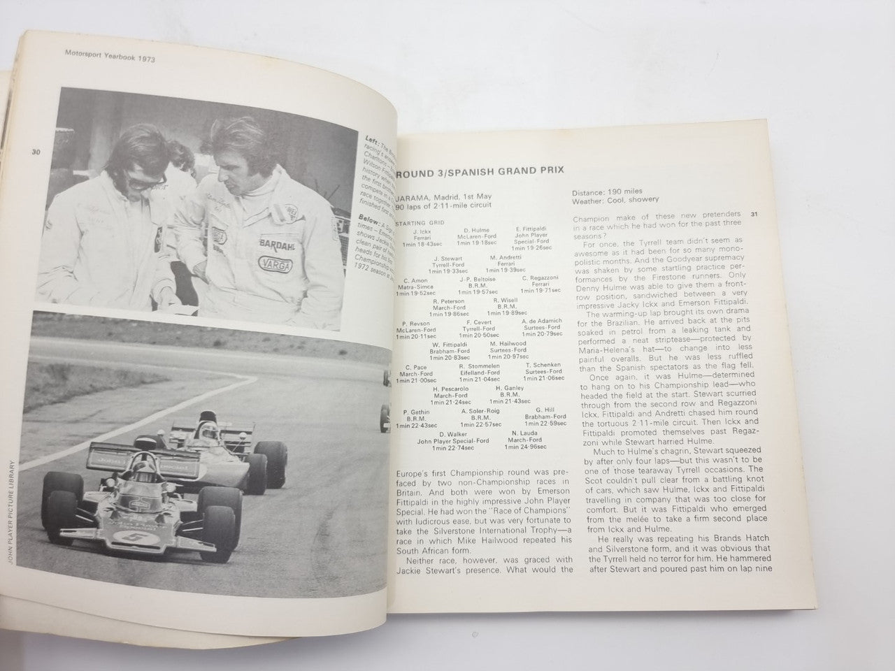1973 motorsport yearbook open, left grayscale team photo and right race results text.