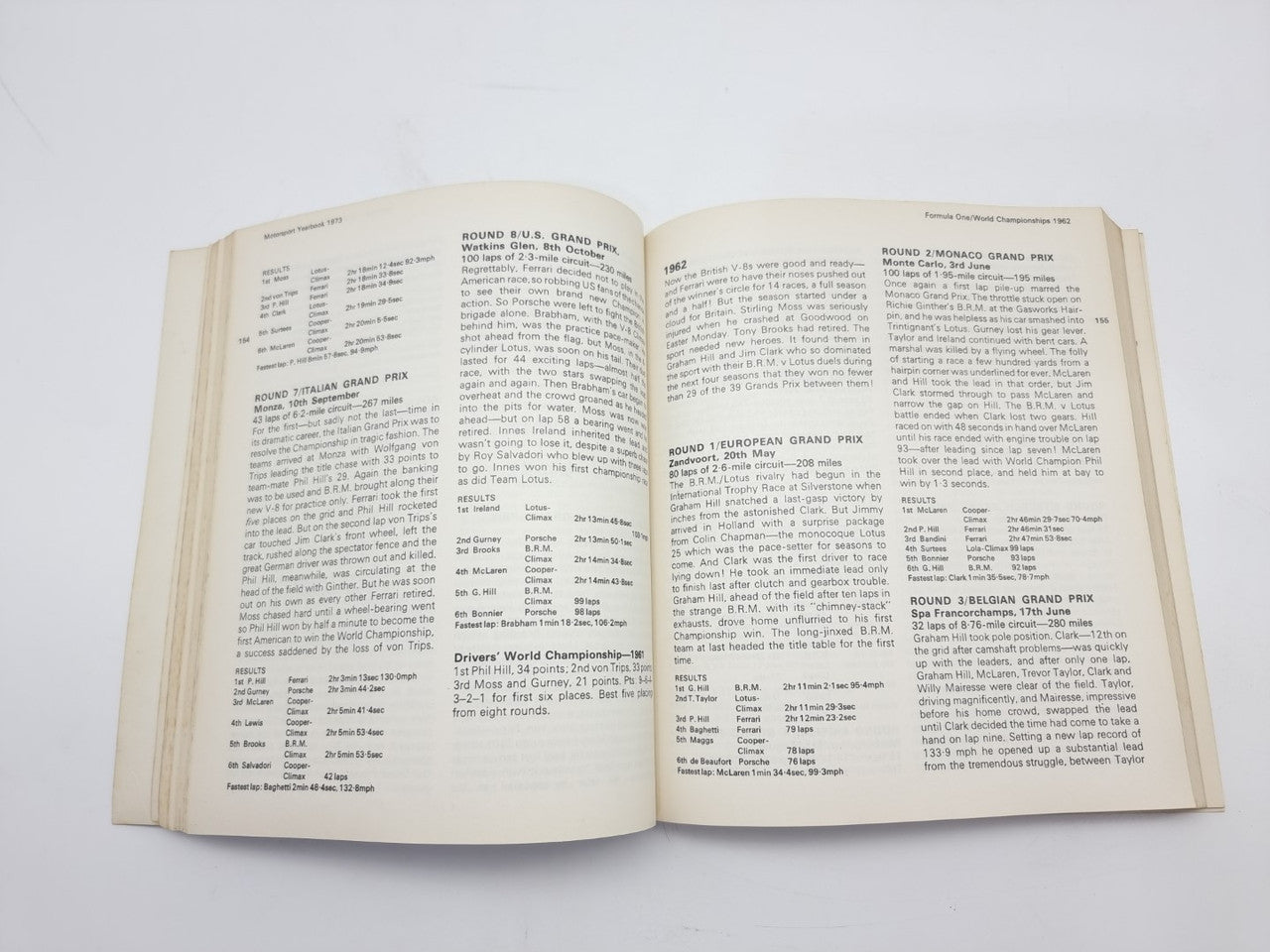 1973 motorsport yearbook open to race results pages, two-column printed text.