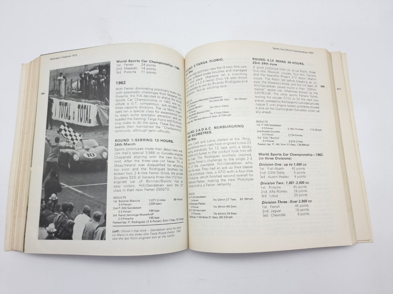 1973 motorsport yearbook open to black-and-white race photo and stats pages.