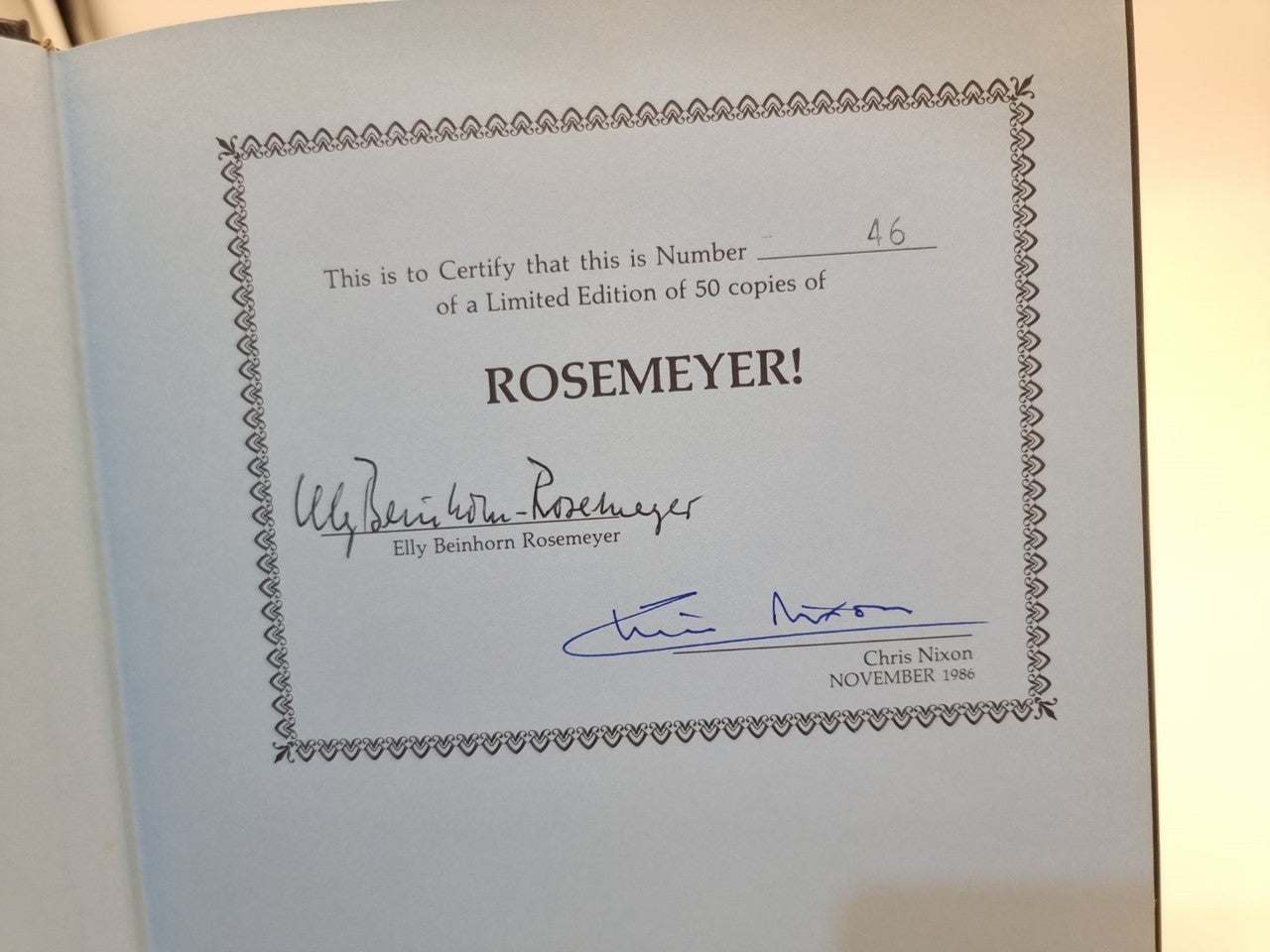 Signed limited edition certificate page with ROSEMEYER! and two author signatures