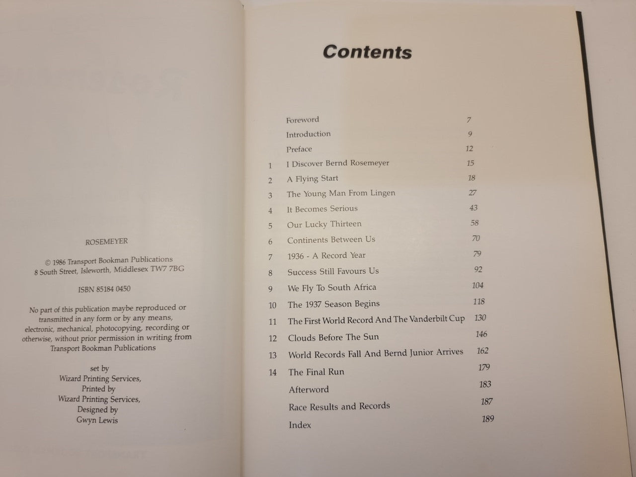 Biography book contents page listing section titles and page numbers