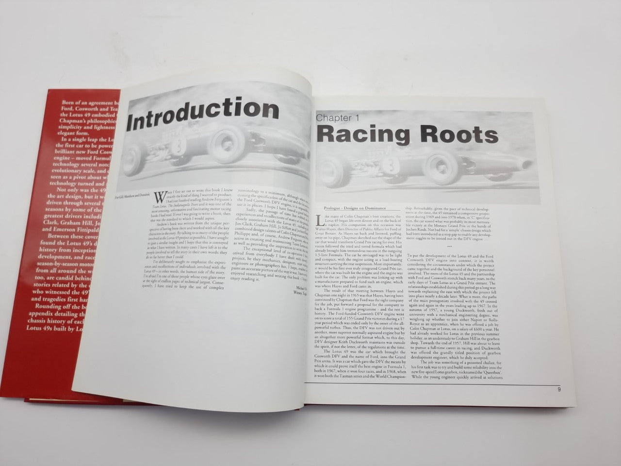 Open book spread with headings 'Introduction' and 'Racing Roots' on white pages