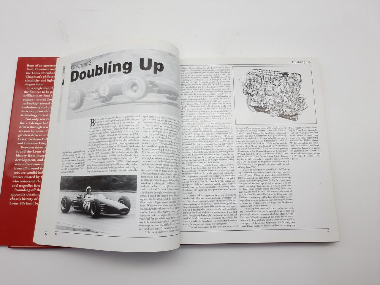 Open book spread titled 'Doubling Up' with car photo on white pages