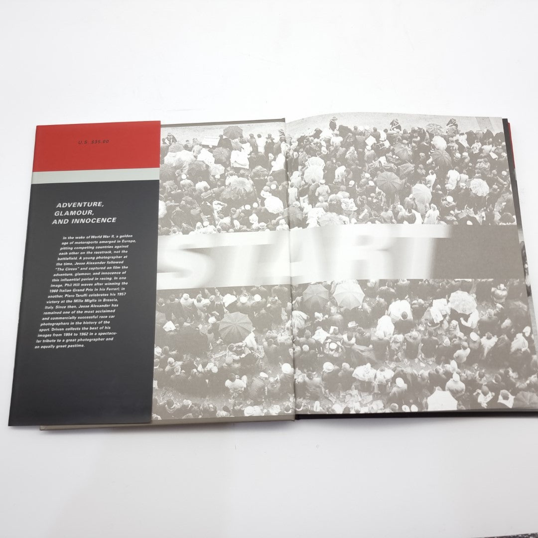 Racing photography book open spread with crowd photo and black title panel