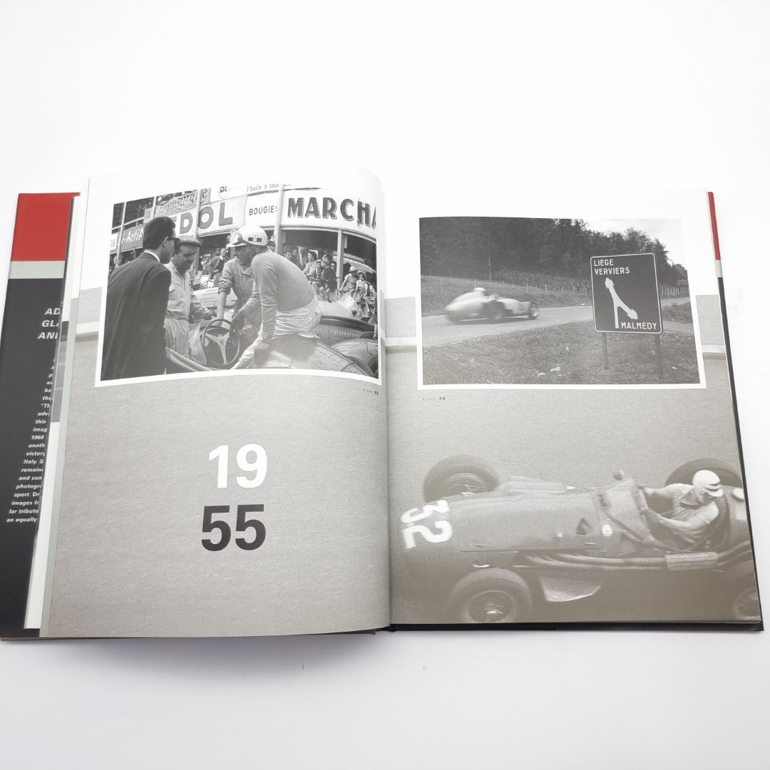 Racing photography book open spread with car photos, crowd, and large page numbers