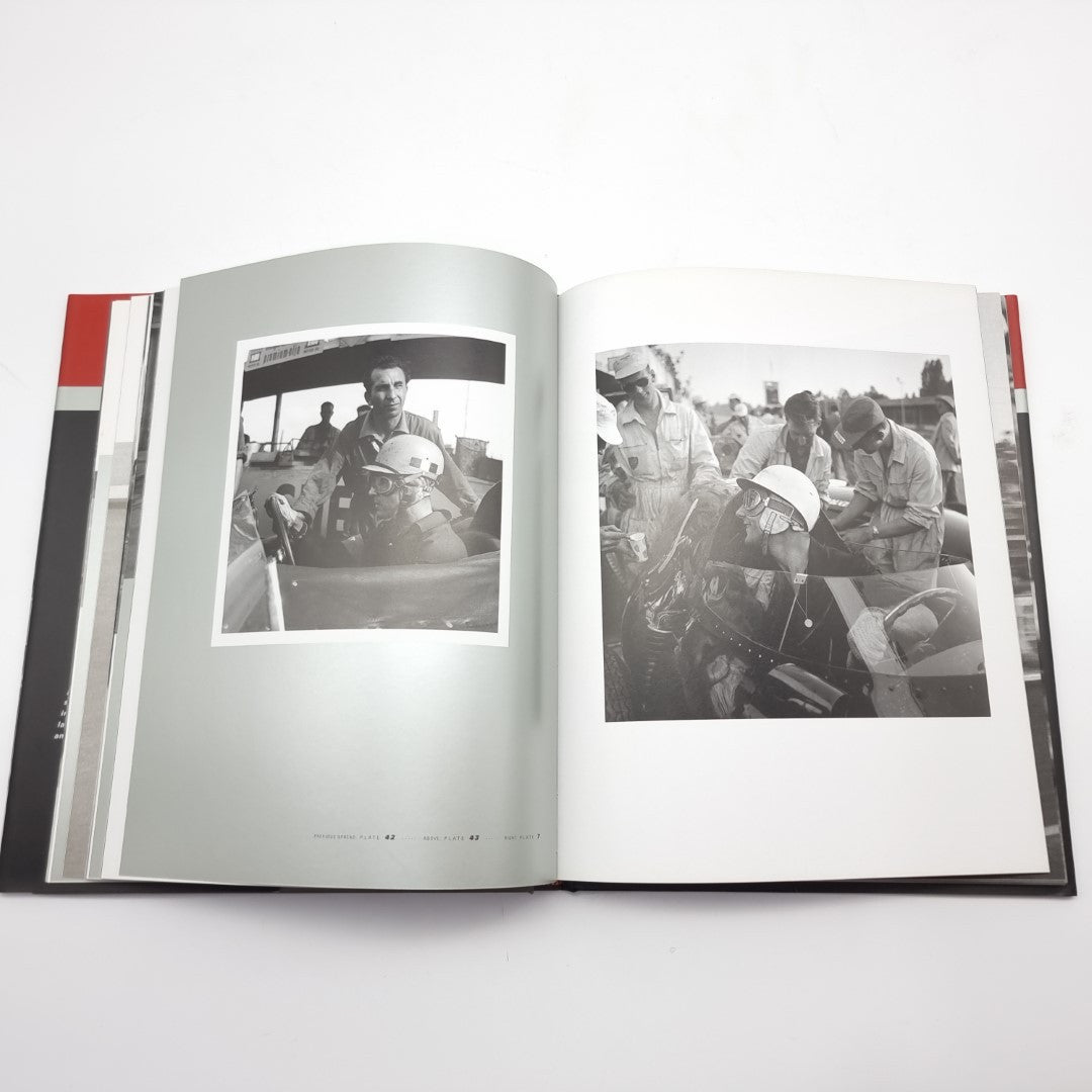 Racing photography book open spread with black-and-white portraits and racing scenes