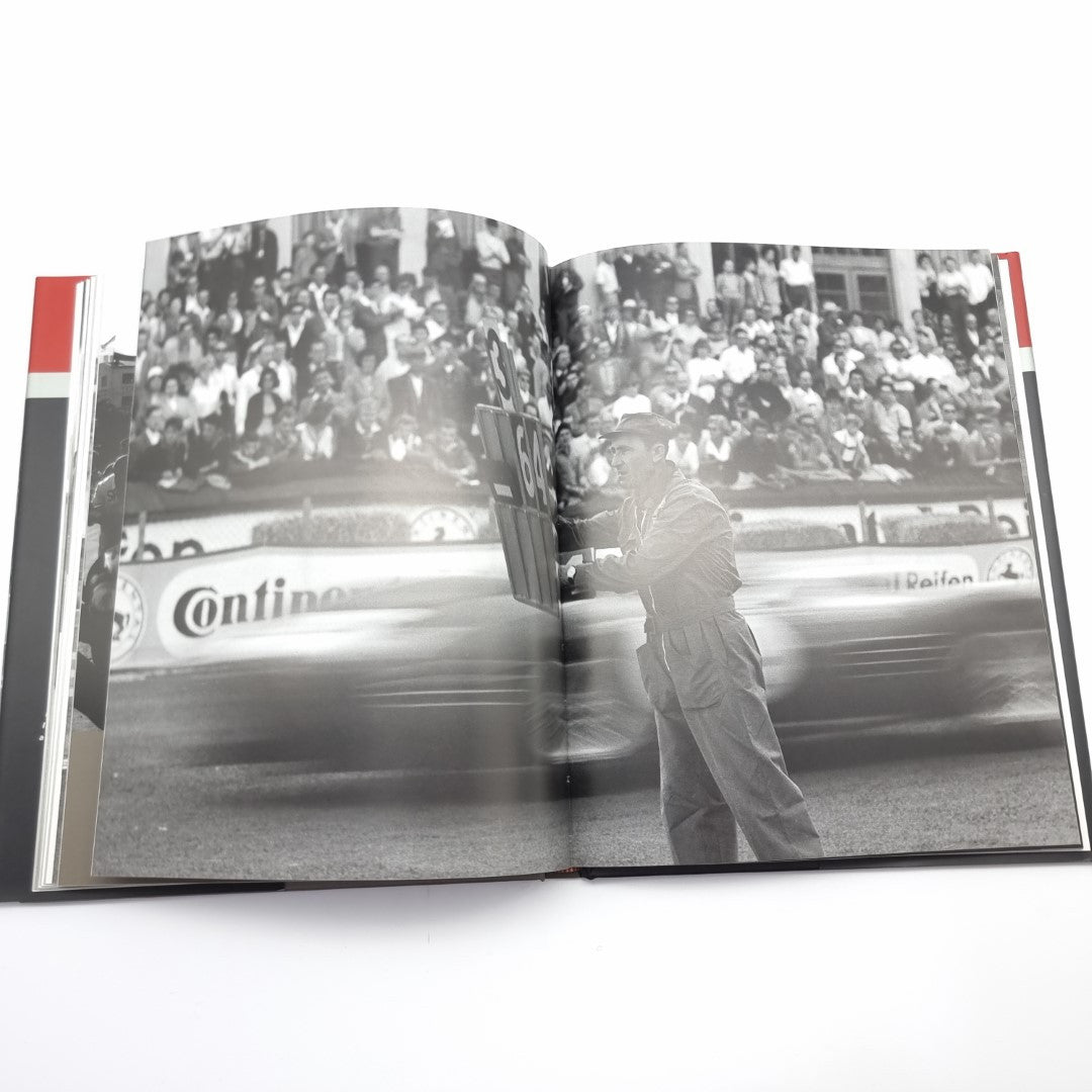 Racing photography book open spread with drivers in crowd and vintage car closeups