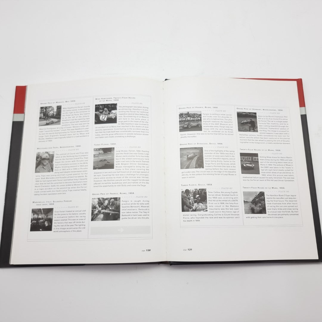 Racing photography book open spread with dense black text and small photo blocks