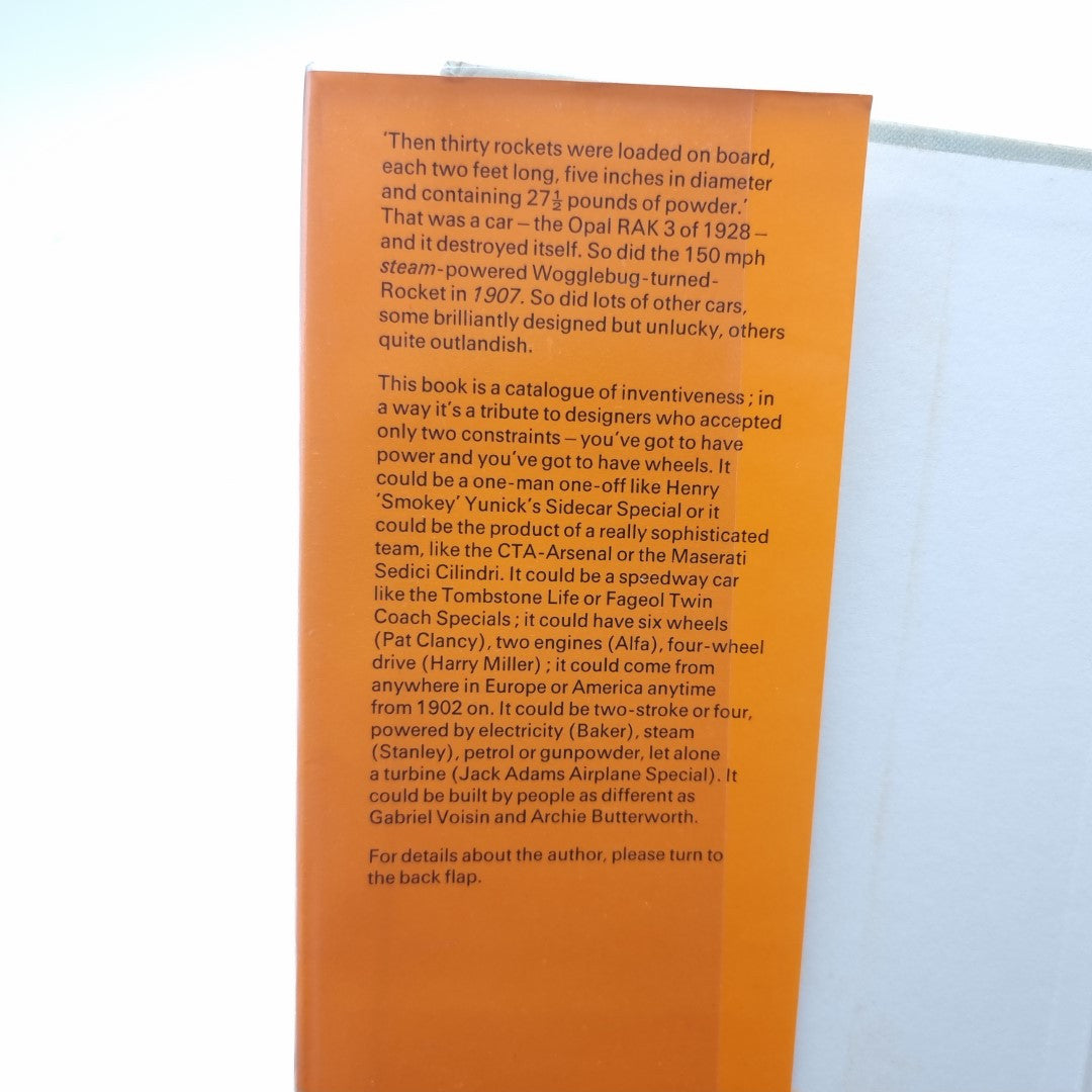 Motor Racing Mavericks book back cover with printed author biography text on orange