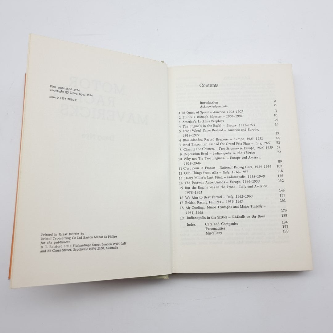 Motor Racing Mavericks open book showing contents page with numbered sections