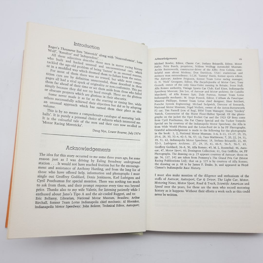 Motor Racing Mavericks open book on introduction and acknowledgments pages