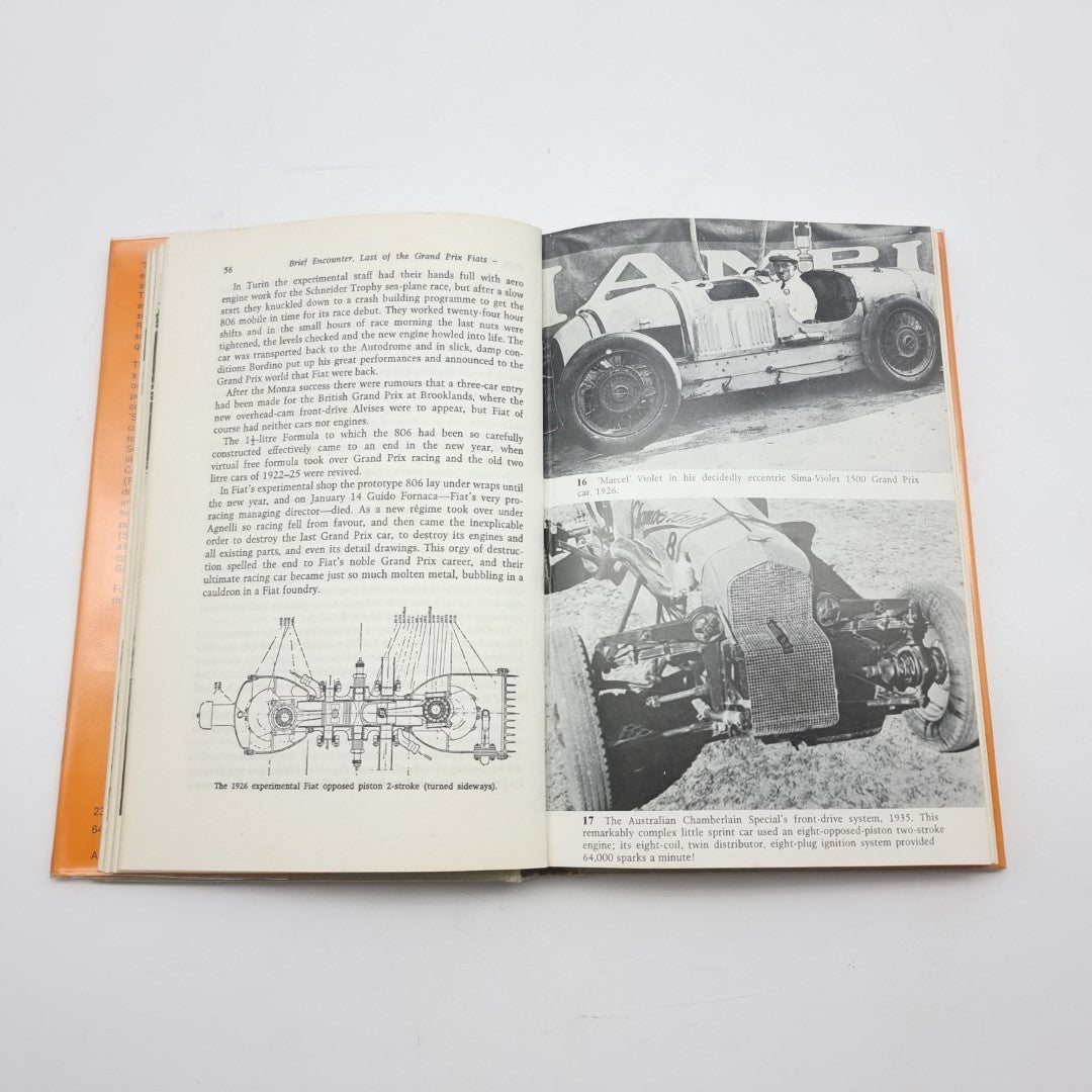 Motor Racing Mavericks open book spread with car diagrams, photos, and captions
