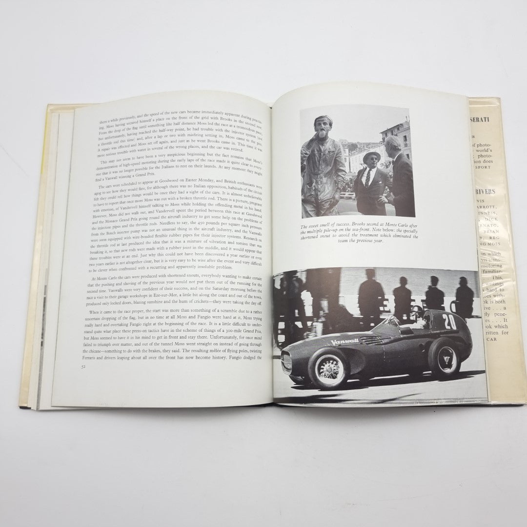 Vintage automotive book open to black-and-white portrait and race car photo