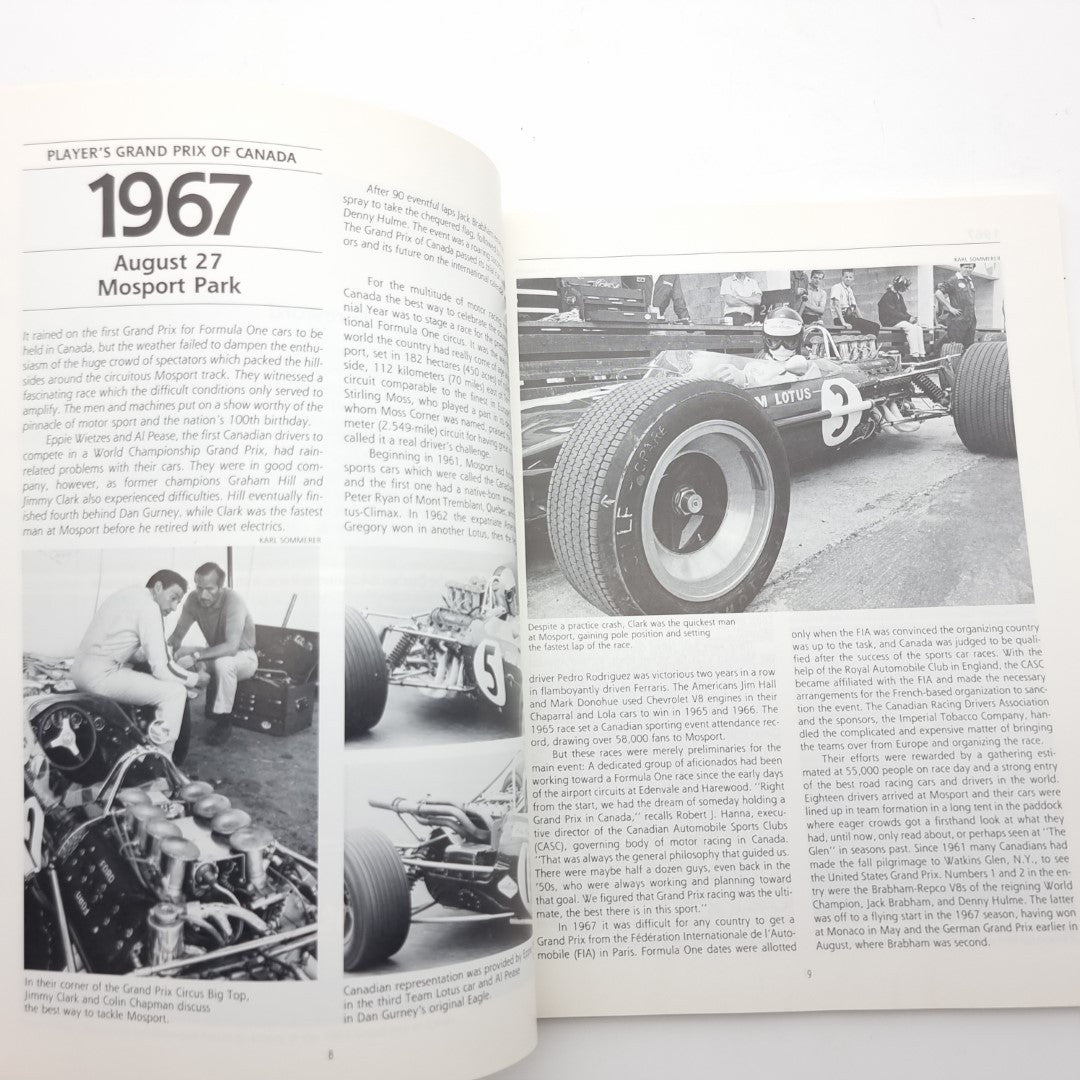 Open book page for 1967 Mosport Park with racing photos and article text