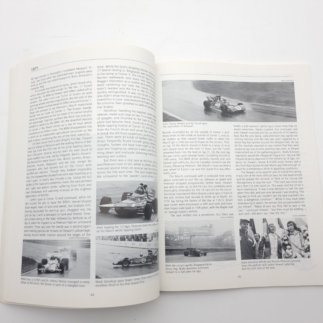 Open book spread with multiple black-and-white race photos and caption text