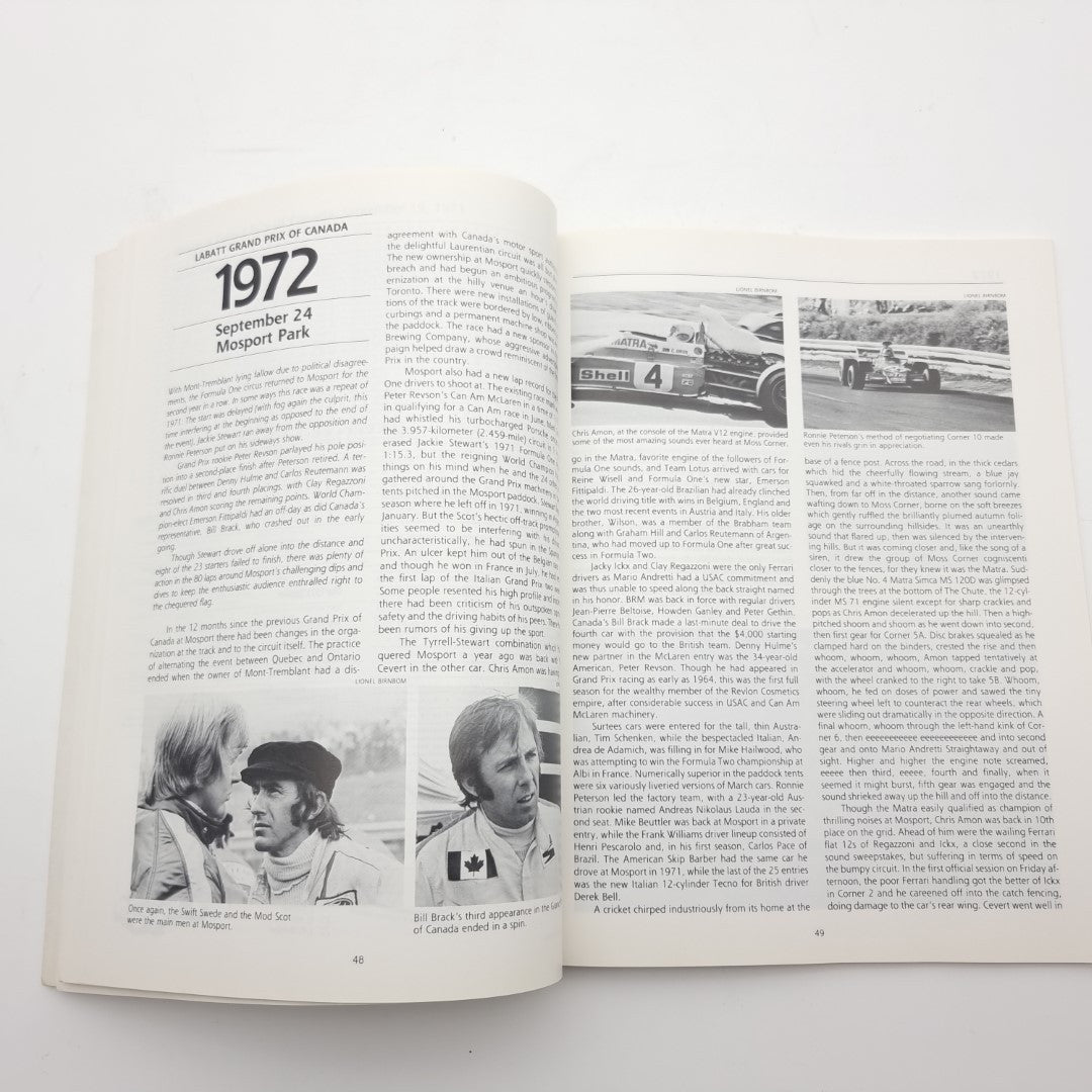 Open book spread for 1972 Mosport Park with portraits and car photos