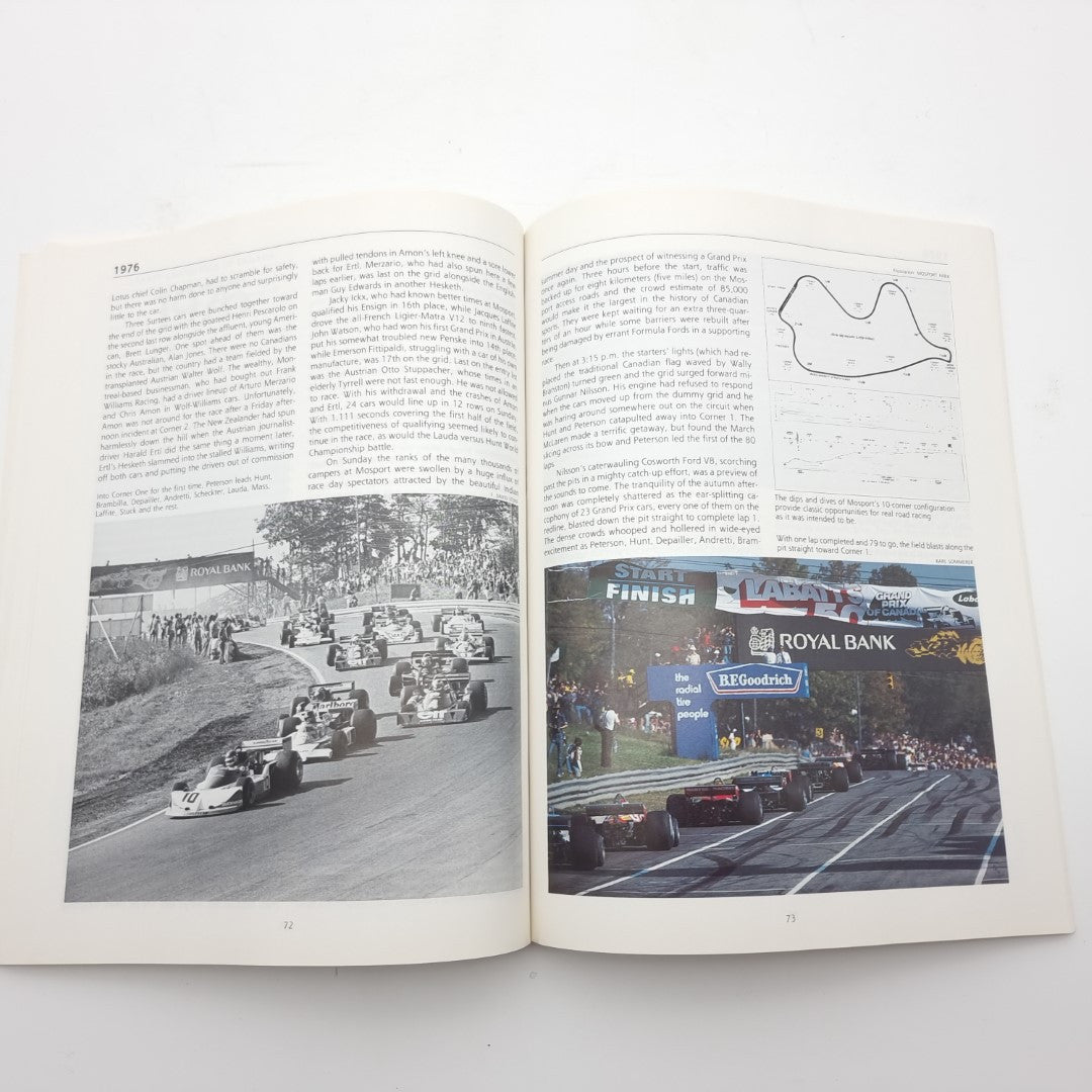 Open book spread with track diagram and finish-line race photo