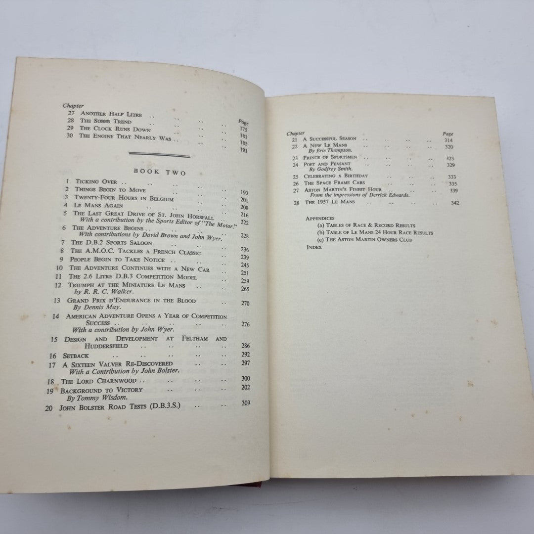 Open Aston Martin book showing contents page with chapter titles and page numbers