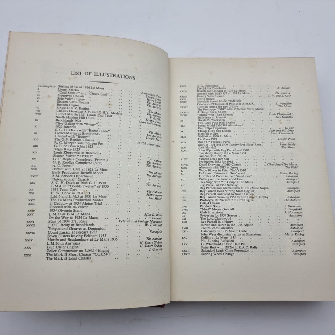 Open Aston Martin book showing list of illustrations with numbered entries