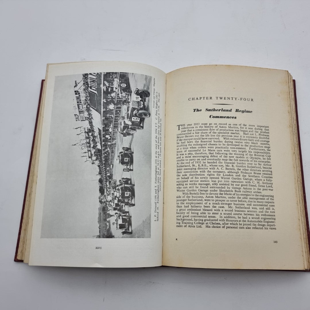 Open vintage book spread with stadium crowd car photo and chapter text