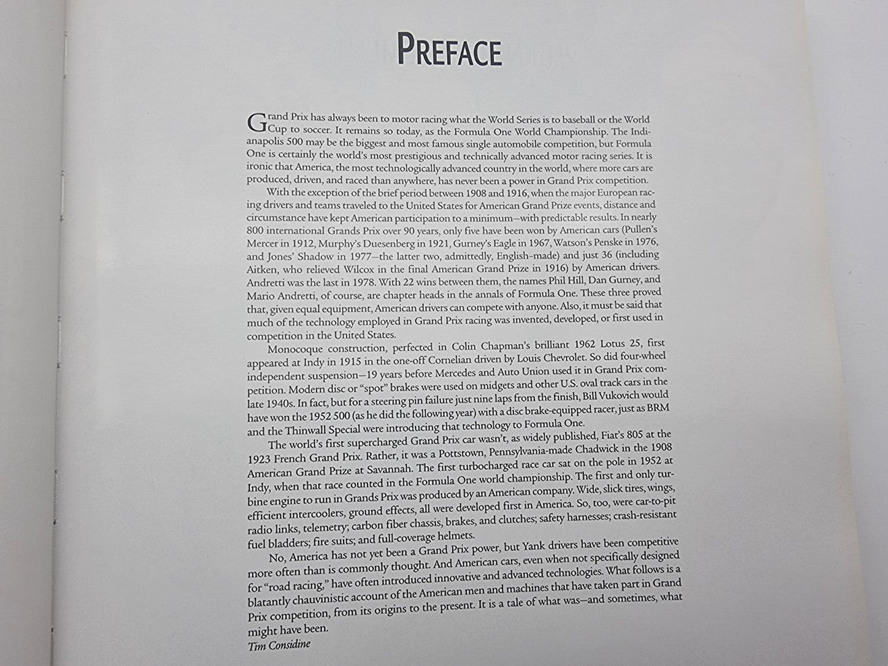 Racing history book, close-up of Preface page with printed text