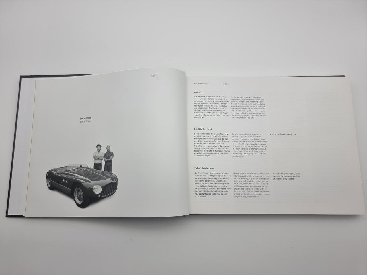 Open book spread showing a classic car photo and printed text
