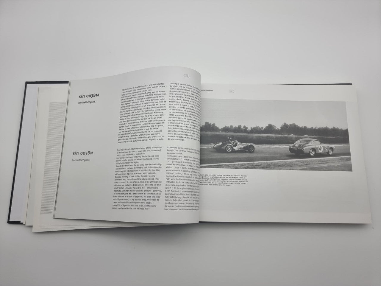 Open book spread with paragraph text on left and racing car photo on right