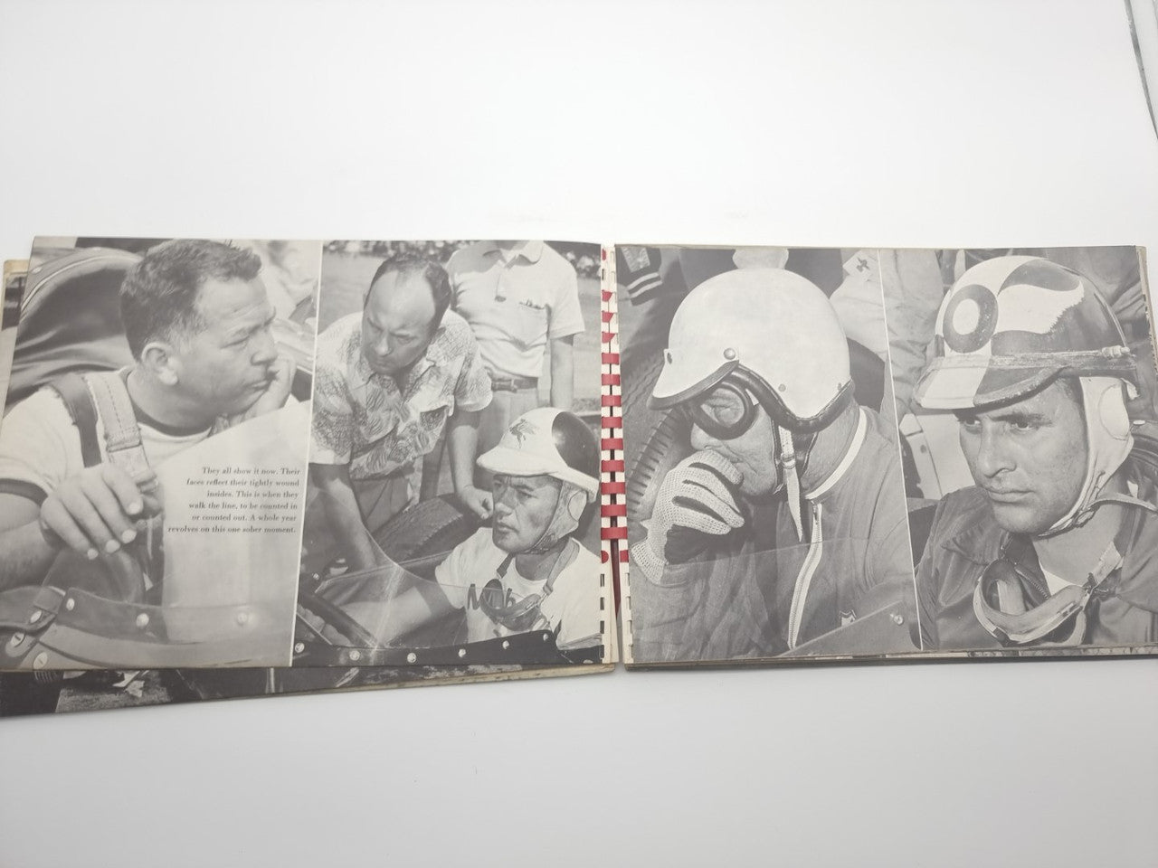 Open book spread with black-and-white race team portraits and vintage photos