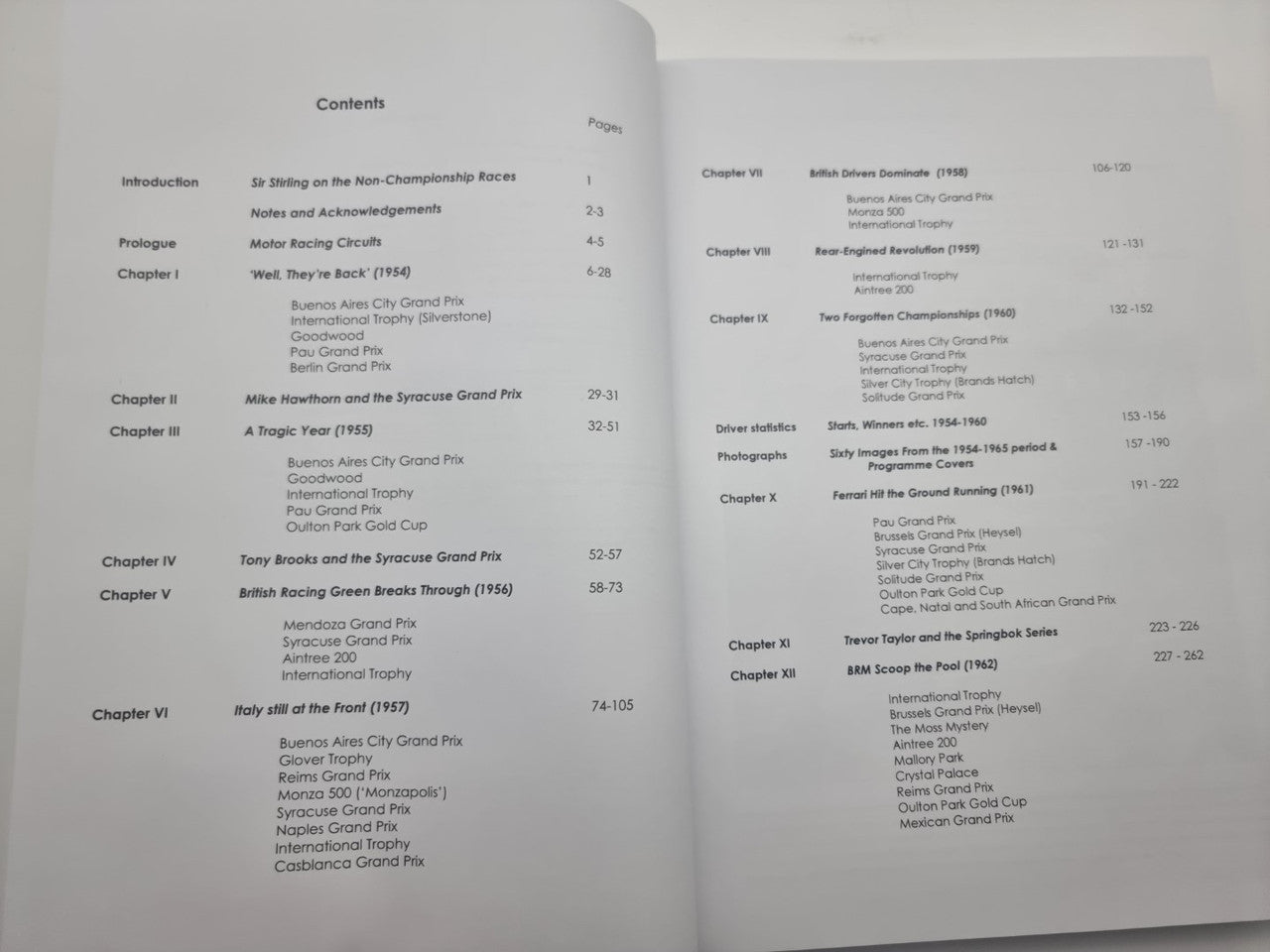 Motorsport racing history book contents page with chapter list in two columns