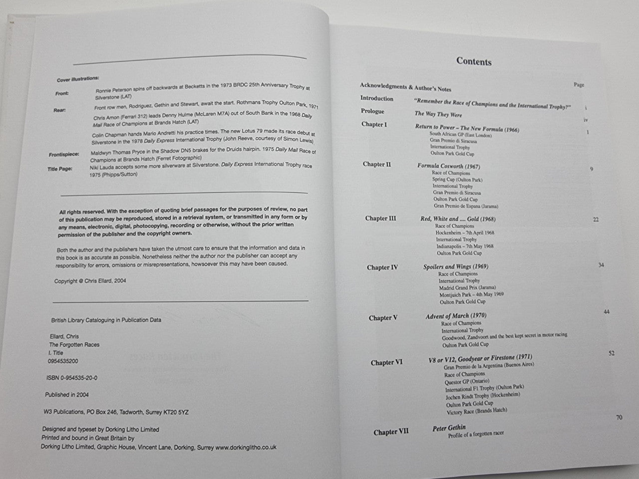 Race history book open to contents pages with chapter list on white paper