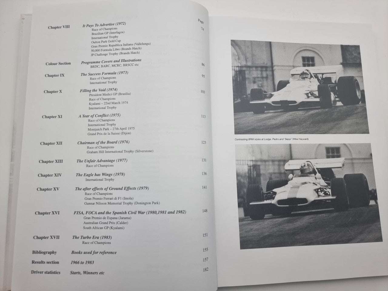 Race history book open, left contents list and right pages with racing photos