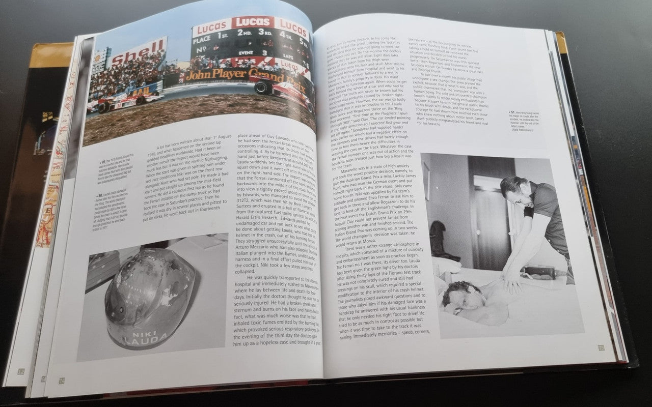 Open biography book with black-and-white race photos and paragraphs