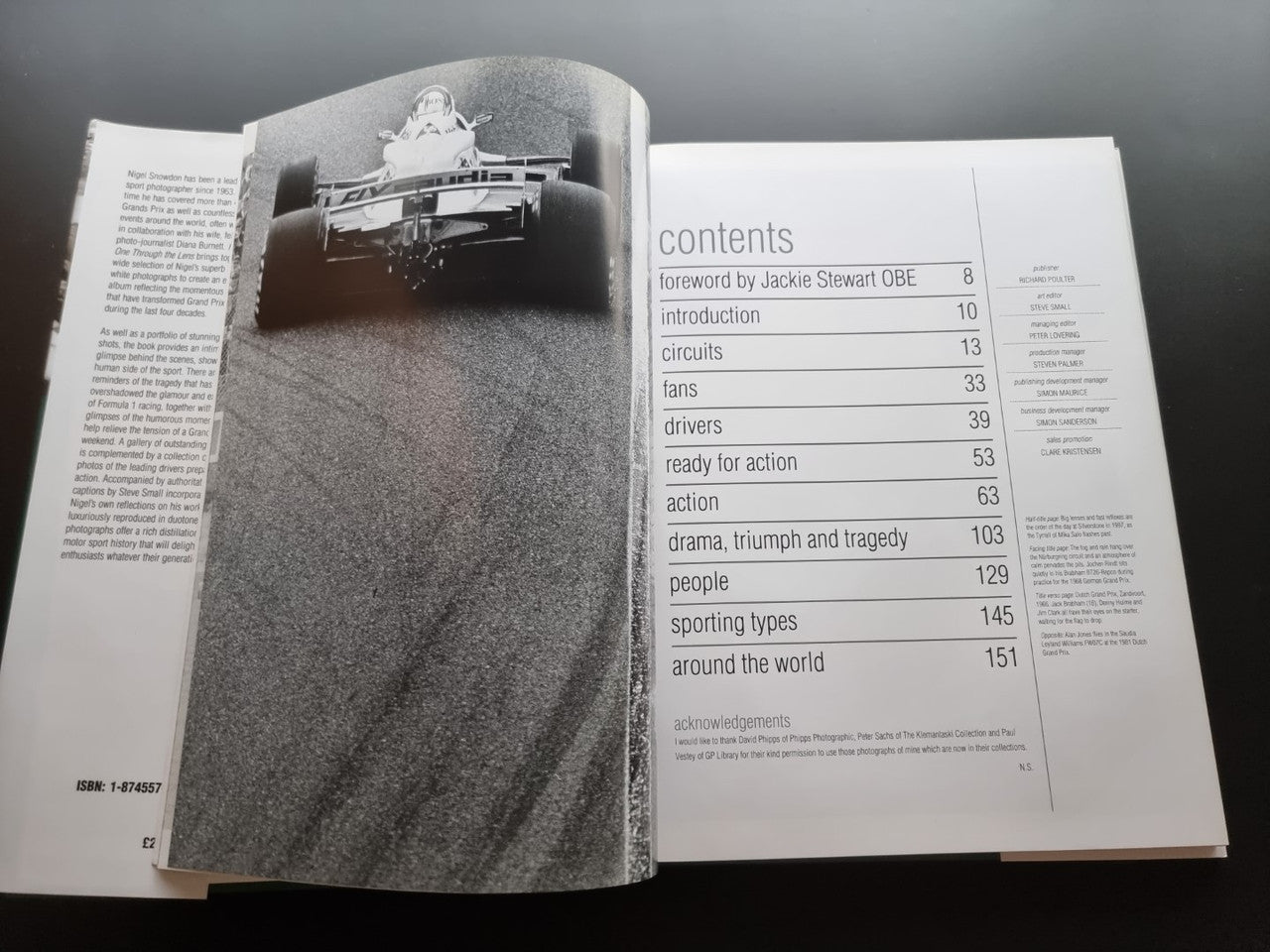Open motor sport photography book contents page with section list and headings