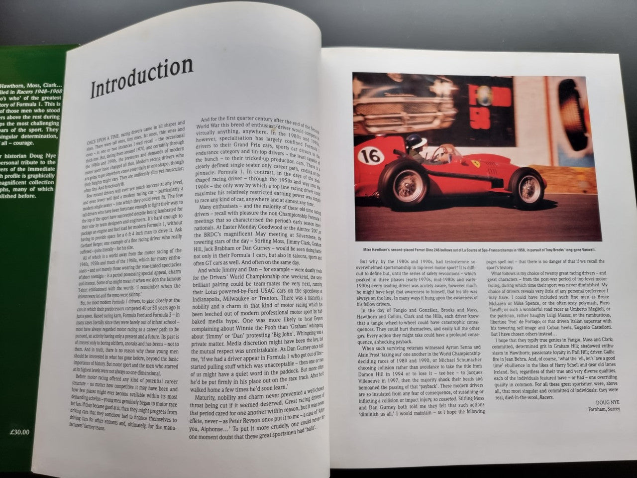 Open book spread showing an Introduction heading, text columns, and a race photo.