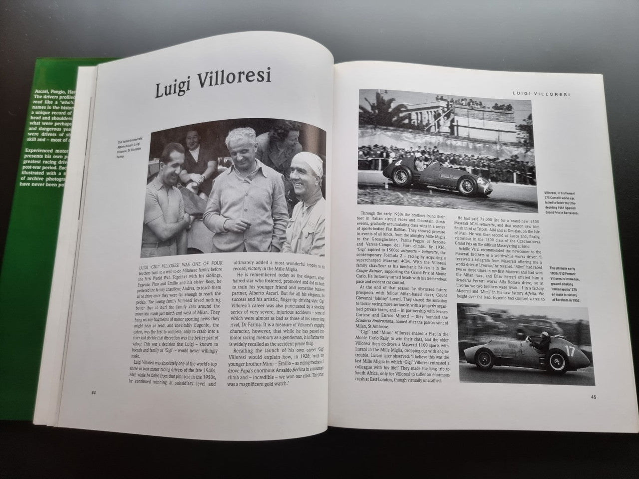 Open book spread with a profile section titled 'Luigi Villoresi' and race photos.