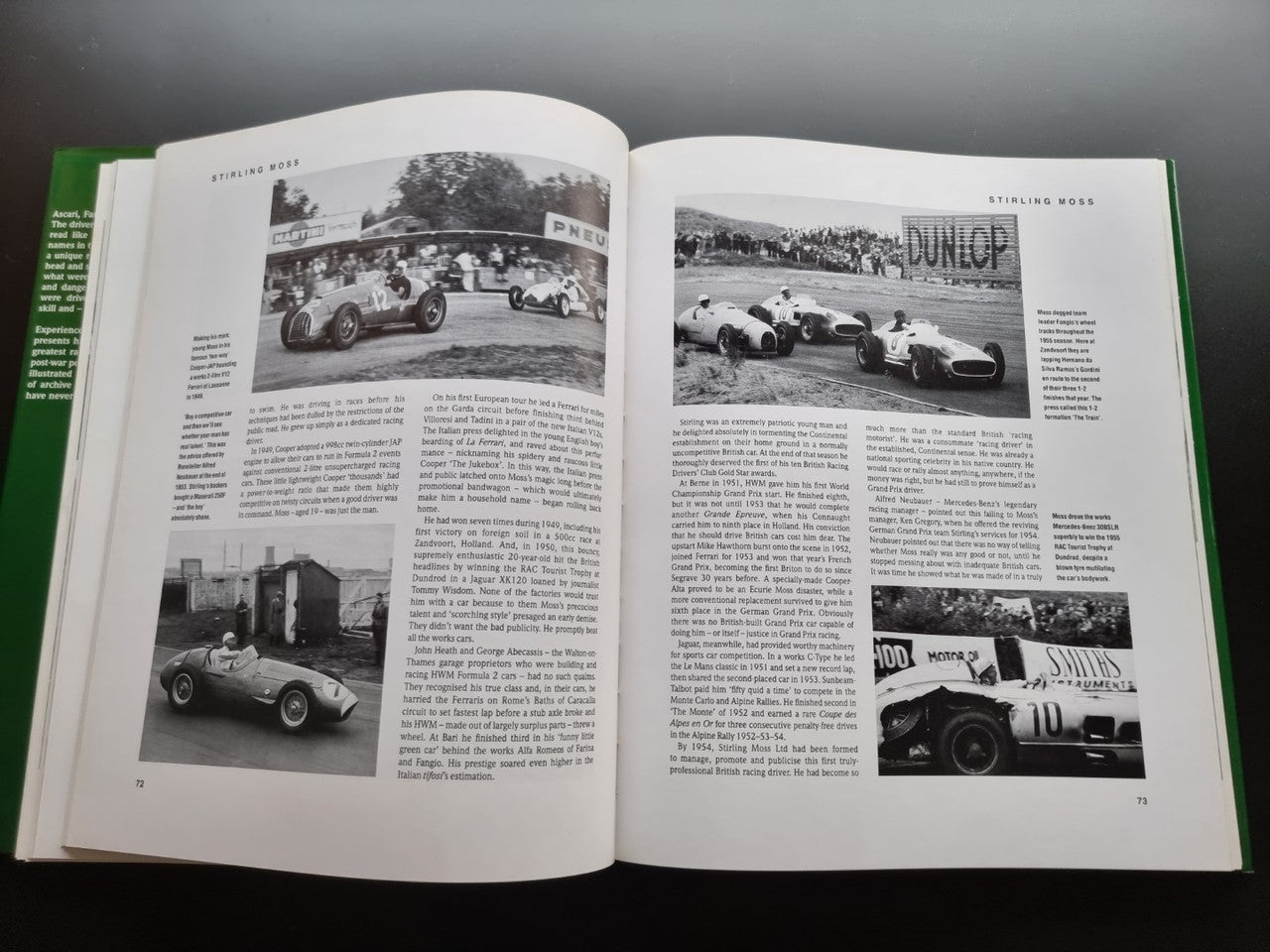 Open book spread with race photos and printed history text across two pages.